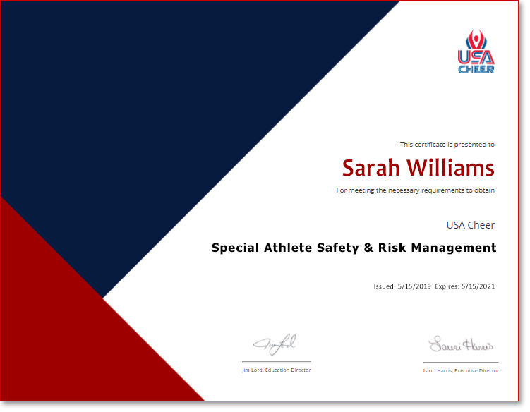 certificate sample for the special athlete safety & risk management course